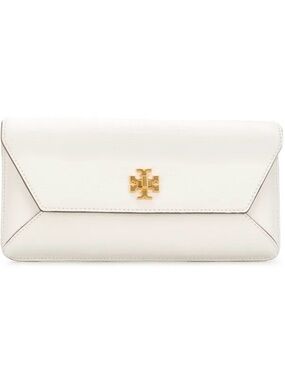 Tory Burch White Leather Envelope Clutch with Gold Emblem